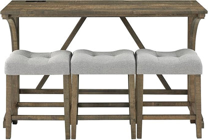 Polibi 4-Piece Farmhouse Counter Height Dining Set, Bar Table and Chairs Set, Wood Dining Table Set with Power Outlet and 3 Upholstered Stools for Breakfast Nook, Living Room, Brown Yellow