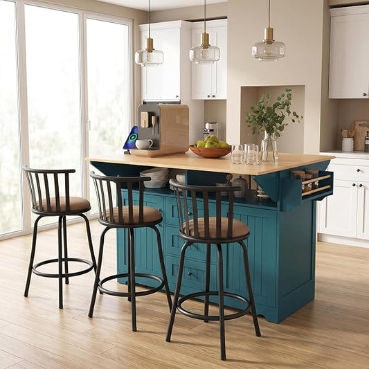 Homy Casa 5 Piece Kitchen Island Set with 4 Swivel Bar Stools, Rolling Kitchen Cart with Drop Leaf, Power Outlet, Drawers and Storage Cabinet, Breakfast Bar Table Set for Dining Room (White)
