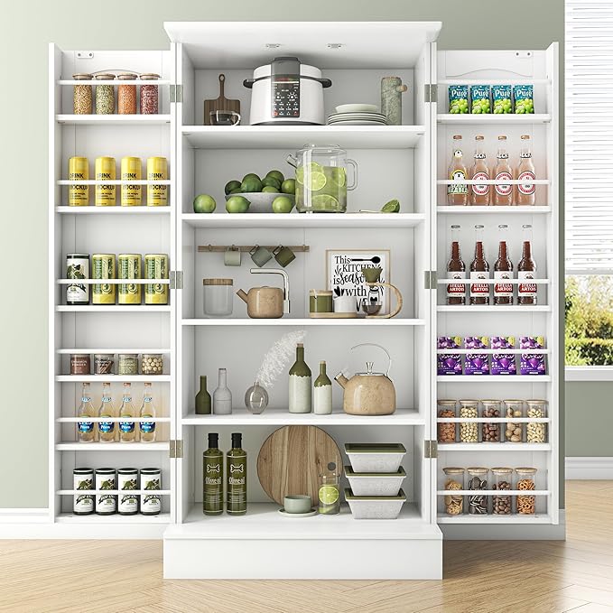 kepptory 47” Pantry Cabinet, Kitchen Pantry Storage Cabinet with Doors and Adjustable Shelves,Freestanding Buffet Cupboards Sideboard for Living Room and Dinning Room (White)