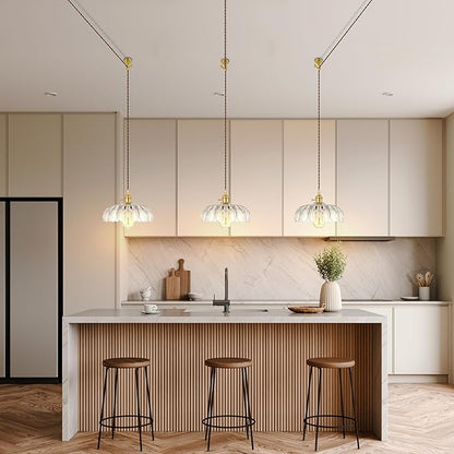 Plug-in Pendant Light Fixture, Hanging Light Fixture, Glass Pendant Light, Swag Lamp with Inline On/Off Switch for Kitchen Island, Bedroom, Dining Room, Living Room (Clear Lotus, Plug-in)