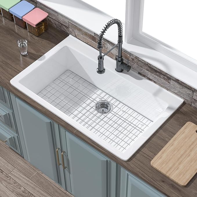 36x22 Drop In Kitchen Sink White 1 Hole, 36 Inch Topmount Fireclay Sink Drop In Single Bowl, Heavy Duty Large Capacity Deep Basin, with 2 Accessories, Pure White, for Kitchen