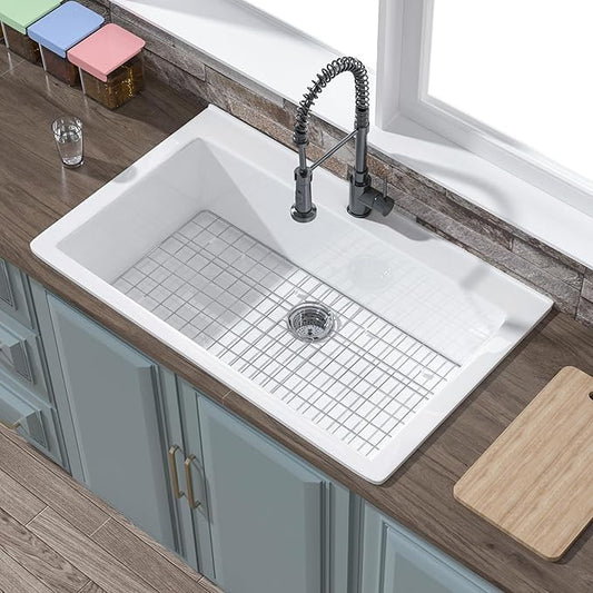 36x22 Drop In Kitchen Sink White 1 Hole, 36 Inch Topmount Fireclay Sink Drop In Single Bowl, Heavy Duty Large Capacity Deep Basin, with 2 Accessories, Pure White, for Kitchen