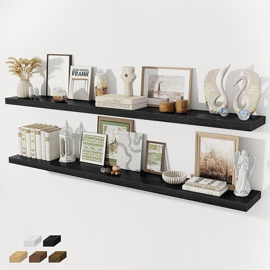 Fun Memories 72 Inch Floating Shelves for Wall 8 Inch Deep Black Shelves Set of 2, Wall Mounted Rustic Wood Long Floating Shelf, Large Display & Storage Shelf with Invisible Brackets