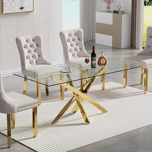 51" Glass Dining Table for 4-6, Modern Dining Room Table with 0.39" Tempered Glass Top and Cross X-Shaped Gold Stainless Steel Base, Rectangle Kitchen Dinner Table for Dining Room