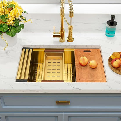 Gold Undermount Kitchen Sink 33 inch,Single Bowl Undermount Sink 16 gauge Stainless Steel,Workstation Kitchen Sinks with Gold Accessories (33" X 18")
