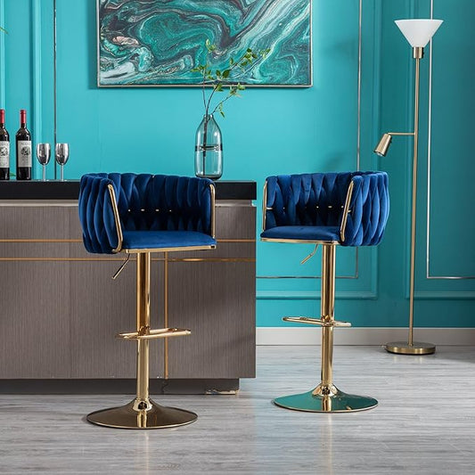 Rhomtree 24-32 Inch Swivel Bar Stools, Adjustable Counter Height Barstools with Nailheads Trim, Velvet Woven Tufted Back and Golden Footrest, Upholstered Bar Chairs Bar Kitchen Island(Navy Set of 2)