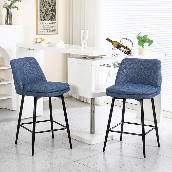 Counter Height Swivel Bar Stools Set of 2, 360° Swivel Upholstered Barstools with Back and Metal Legs, 25.6" Seat Height,Counter Stools for Kitchen Island and Pub,Linen Cloth,for Living Room