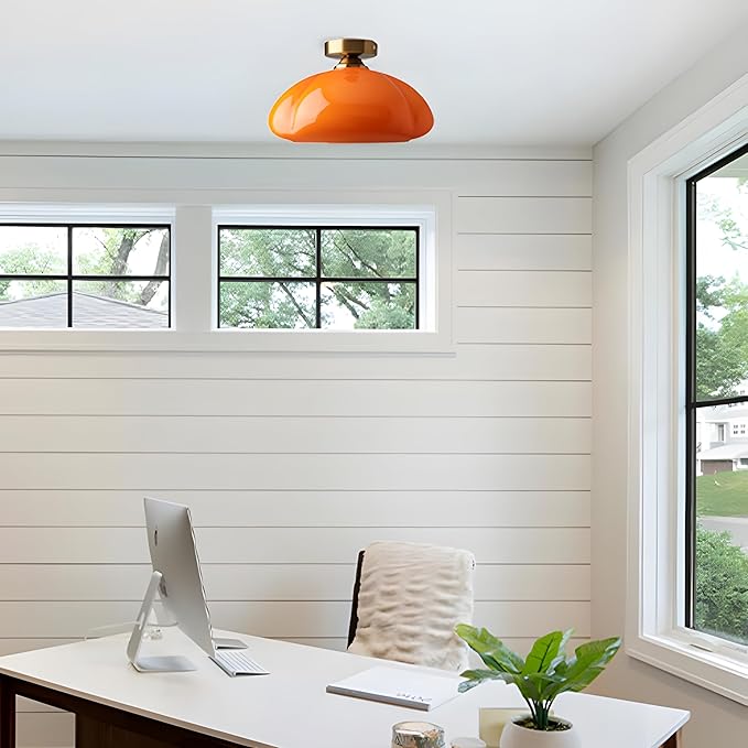 Bofea-Mid Century Modern Orange Milk Glass Ceiling Light,Vintage Gold Semi Flush Mount Ceiling Light with Orange Glass,11.8 in Small Hallway Lights,Farmhouse Semi Flush Lights for Bedroom,Foyer