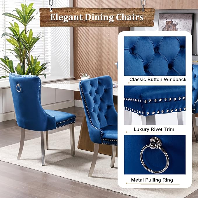 Goujxcy 9-Piece Extendable Dining Table Set for 6-8 People 63-78 Inch Kitchen Table Set with 8 Blue Upholstered Chairs Modern White Faux Marble Rectangular Dining Room Table Set for Kitchen Apartment