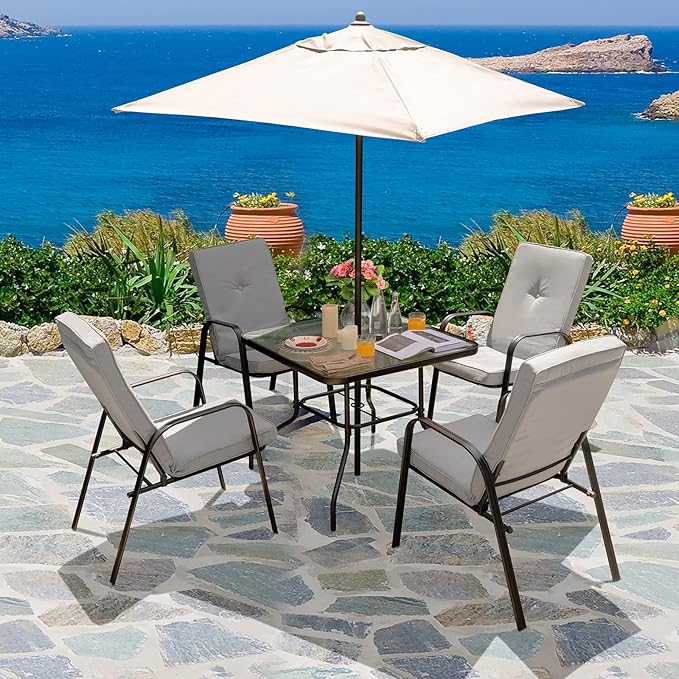 Giantex 35" Patio Table for 4 Persons, Metal Square Dining Table W/Tempered Glass Tabletop & Umbrella Hole (1 Patio Table)