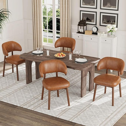 MALOL Wooden Dining Chairs Set of 4, Modern Upholstered Dining Room Chair, PU Leather Kitchen Side Chairs with Curved Open Back for Living Room/Restaurant/Cafe, Brown