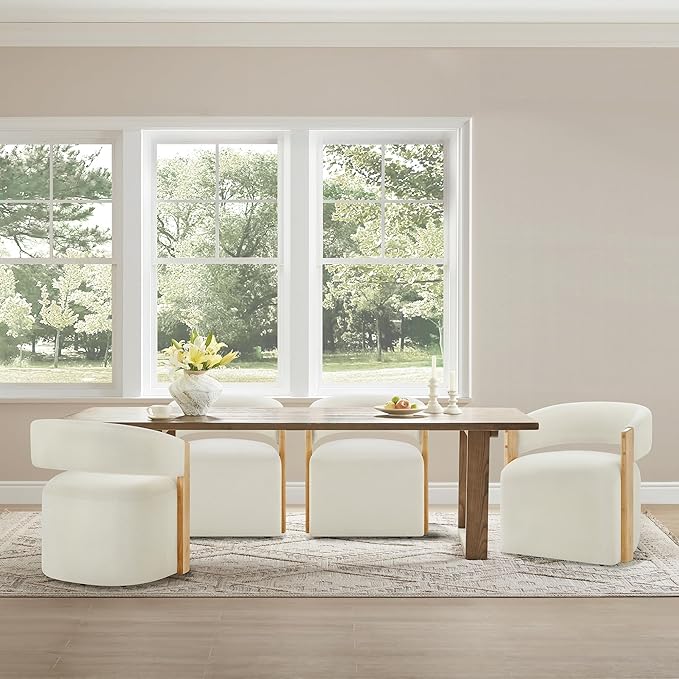 KISLOT Upholstered Dining Chairs Set of 4, Barrel Modern Dining Room Chairs with Casters, Kitchen Side Wooden Armchair with Fabric Cushion Seat for Bedroom, Livingroom, Reading Room, Beige, 4 Boxs