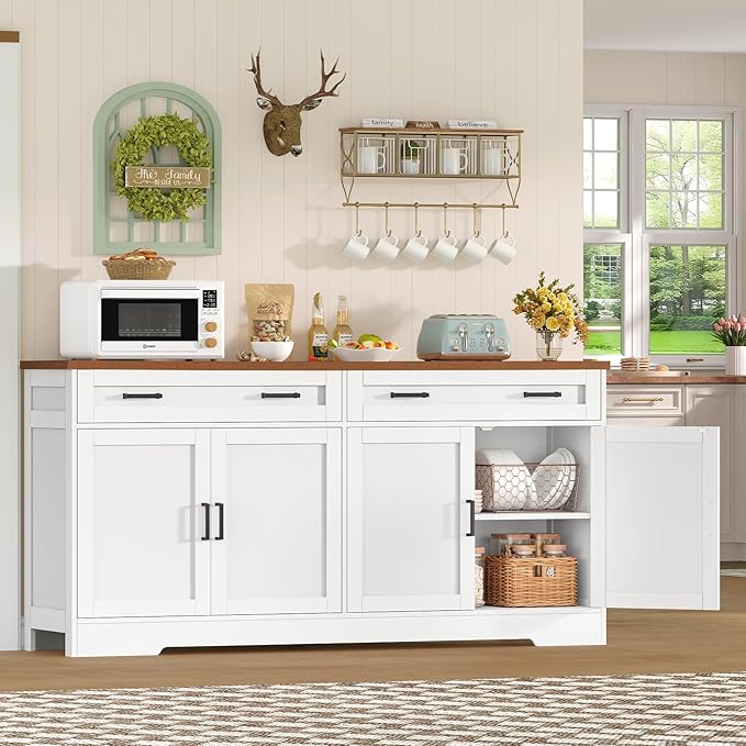 TEENFON 63” Buffet Cabinet with Storage and 2 Drawers, Large Sideboard Cabinet with 2 Adjustable Shelves and 4 Doors, Coffee Bar, Buffet Table for Kitchen, Dining Room, White