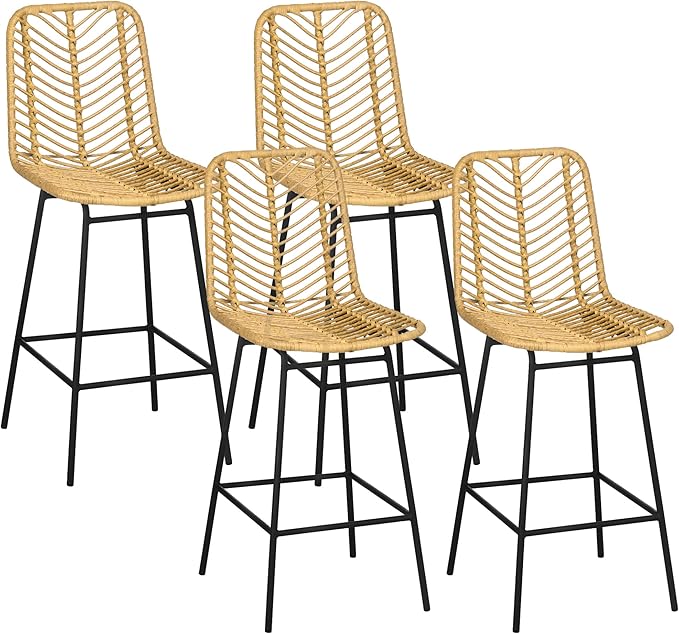 NewCosmos Rattan Bar Stools Set of 4, 26" Counter Height Barstools, Boho Kitchen Island Stools with Breathable Wicker Seat and Back, Yellow