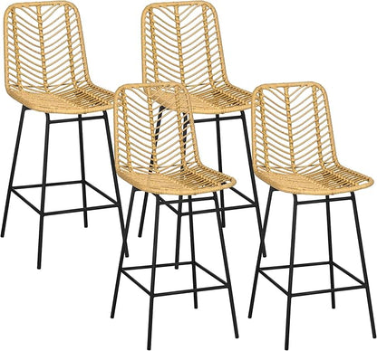 NewCosmos Rattan Bar Stools Set of 4, 26" Counter Height Barstools, Boho Kitchen Island Stools with Breathable Wicker Seat and Back, Yellow