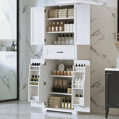 Merax 72" Tall Kitchen Pantry Storage Cabinet, Farmhouse Freestanding Large Cupboard with One Drawer, Bathroom Cabinet with Adjustable Shelves, 6 Door-Shelf for Dining Room, White