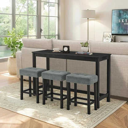 LKTART Kitchen Bar Table and Chairs Set, 4 Piece Bar Height Dining Table Set with Power Outlet and 3 Upholstered Stools Industrial Breakfast Nook, Small Space Living Room, Black