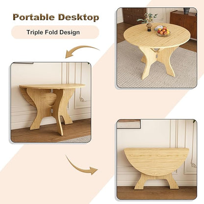 GDFStudio 43" Folding Dining Table for Small Spaces, Round Wood Kitchen Table with Ancient Oak Veneer, Space-Saving Foldable Table for Indoor & Outdoor Use, French Country & Beach Style