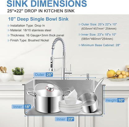 Herogo 25×22 Inch Drop In Single Bowl Kitchen Sink, Stainless Steel 10'' Deep Utility Sink for Rv Bar Outdoor Farmhouse Laundry Room
