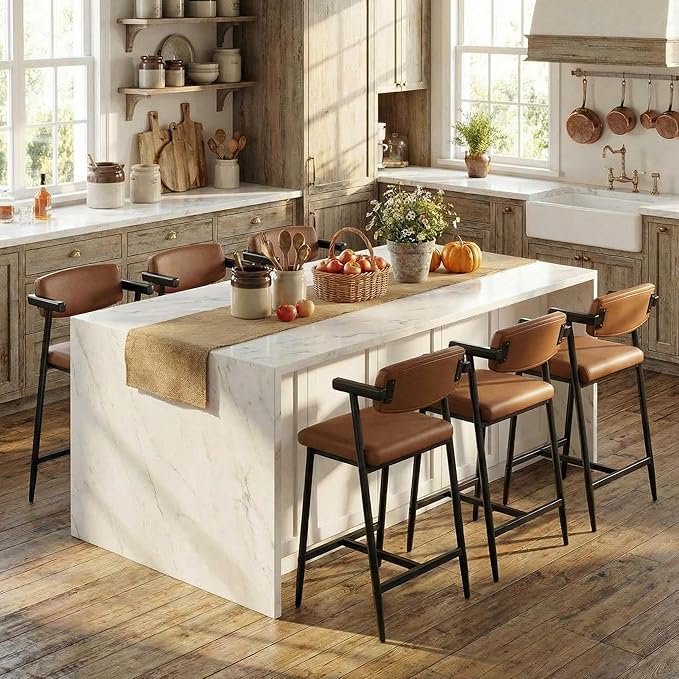 GarveeHome Counter Height Bar Stools Set of 6 with Armrests, 26" Upholstered 6pcs Tall Bar Stools Set, Long Backrest & Extra Thick Cushion, Modern High Barstools for Kitchen Island, Pub, Coffee Brown