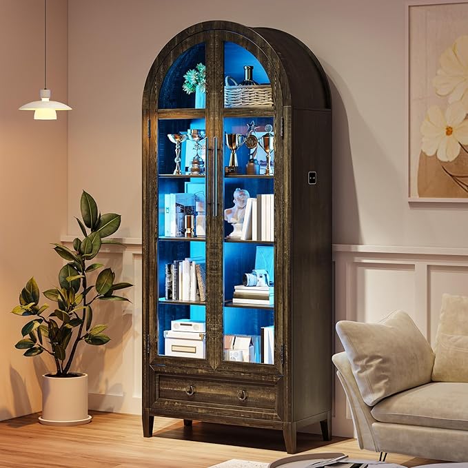 HNEBC Book Shelf with LED Lights, Arched Display Case with Storage Cabinet, Smart File Cabinet with Glass Door, Curio Cabinet with Solid Wood Legs for Home Office/Bedroom Furnniture-Brown