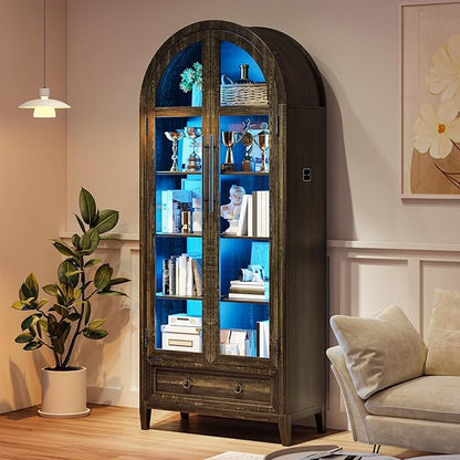 HNEBC Book Shelf with LED Lights, Arched Display Case with Storage Cabinet, Smart File Cabinet with Glass Door, Curio Cabinet with Solid Wood Legs for Home Office/Bedroom Furnniture-Brown