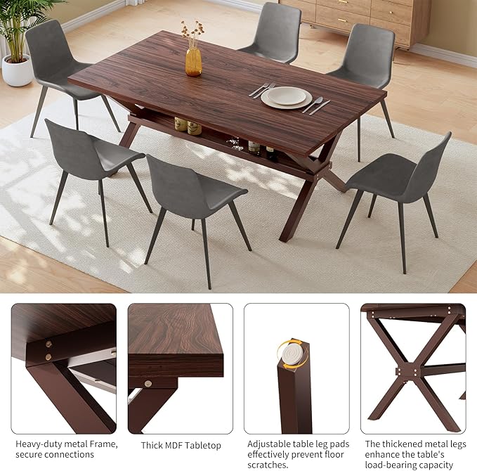 HIPIHOM 63" Dining Set for 6 with PU Chairs, MDF Kitchen Table with Thickened Top, and Strong Metal Legs, Dining Room Chairs Set of 6 Perfect for Apartment Living