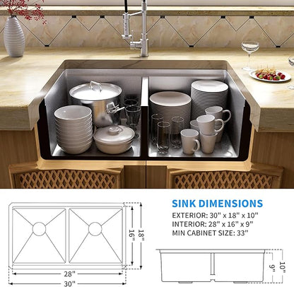 MILOSEN 30''x18'' Double Bowl Undermount Kitchen Sink, T304 Stainless Steel 50/50 Workstation Sinks with 10'' Deep Basins & Custom Accessories, Large Handmade Sinks, Modern & Stylish Design