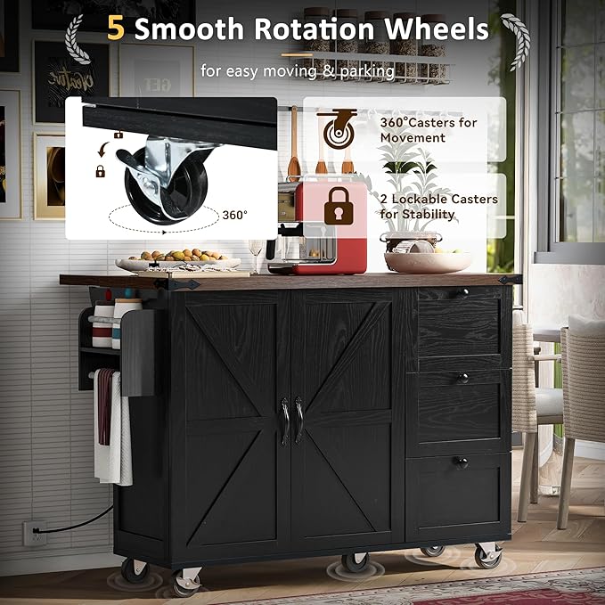 54" Farmhouse Kitchen Island with Power Outlet and Drop Leaf, Rolling Kitchen Cart on Wheels with Spice Rack & Towel Holder, Mobile Storage Island with Internal Storage Rack