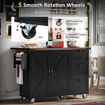54" Farmhouse Kitchen Island with Power Outlet and Drop Leaf, Rolling Kitchen Cart on Wheels with Spice Rack & Towel Holder, Mobile Storage Island with Internal Storage Rack