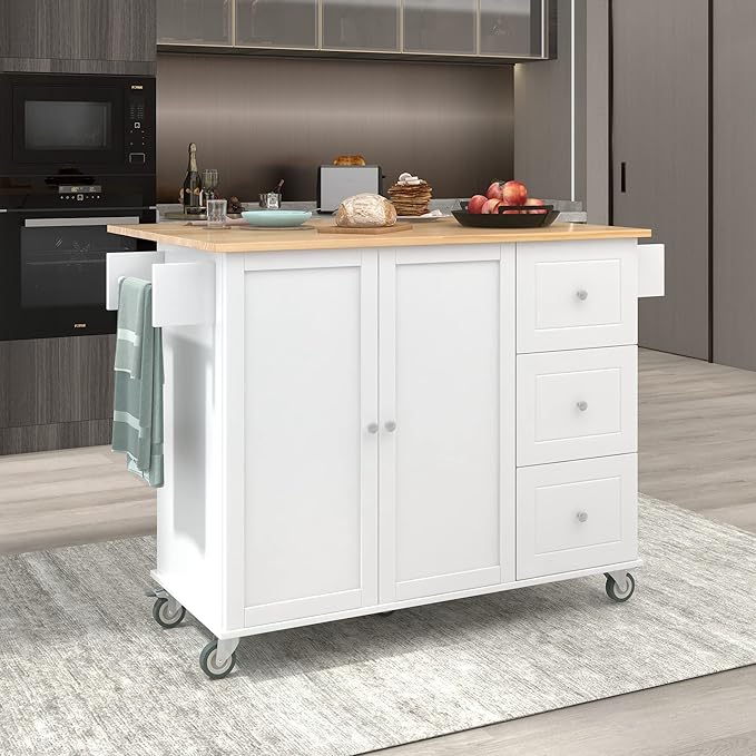 GOWE Rolling Mobile Kitchen Island with Solid Wood Top and Locking Wheels,52.7 Inch Width,Storage Cabinet and Drop Leaf Breakfast Bar,Spice Rack, Towel Rack & Drawer (White)