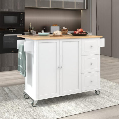 GOWE Rolling Mobile Kitchen Island with Solid Wood Top and Locking Wheels,52.7 Inch Width,Storage Cabinet and Drop Leaf Breakfast Bar,Spice Rack, Towel Rack & Drawer (White)