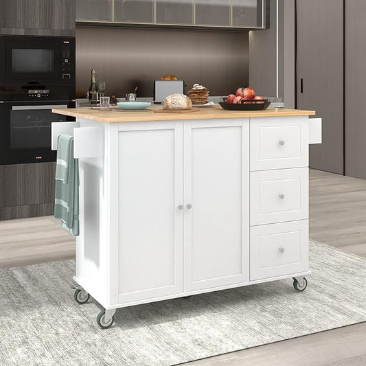 GOWE Rolling Mobile Kitchen Island with Solid Wood Top and Locking Wheels,52.7 Inch Width,Storage Cabinet and Drop Leaf Breakfast Bar,Spice Rack, Towel Rack & Drawer (White)