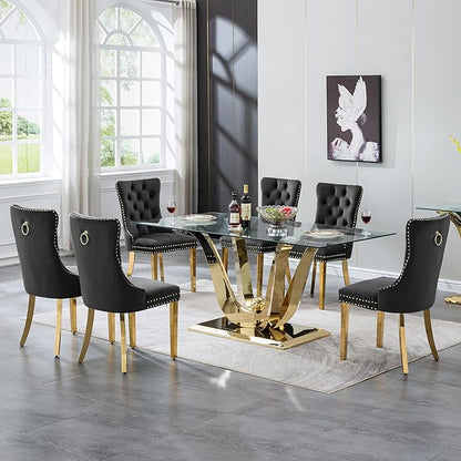 70inch Glass Dining Table for 4 6, Luxury Glass Kitchen Dining Room Table with Gold Mirrored Steel Base,Modern Large Rectangle Tempered Glass Top Dinner Tables for Kitchen, Dining Room