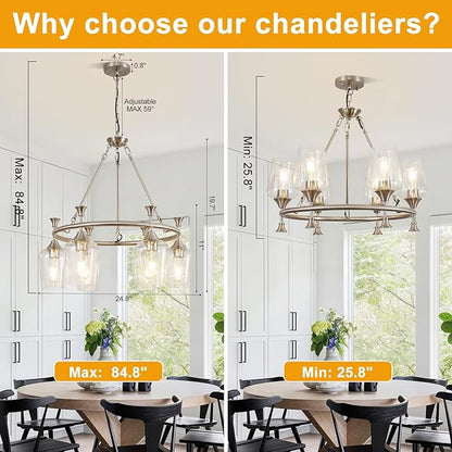 25" Farmhouse Chandelier, 6-Light Brushed Nickel Chandeliers for Dining Room Light Fixtures Over Table, Modern Industrial Hanging Lighting with Clear Glass Shade for Living Room, Kitchen Island, Foyer