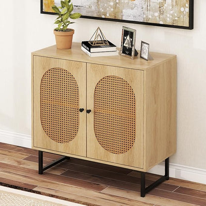 Giantex Rattan Sideboard Buffet Cabinet with Storage, Boho Sideboard with Doors & Adjustable Shelf, Small Accent Buffet Storage Cabinet with Metal Legs for Kitchen, Living Room, Entryway, Natural
