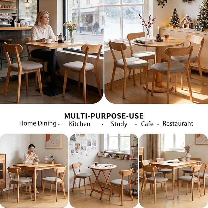 Solid Oak Side Chair Set of 4, Mid Century Modern Wood Curved Back with Padded Seat, 400 lbs Heavy Duty, Natural Wood Armless Dining Chairs for Breakfast Nook, Kitchen, or Apartment Use