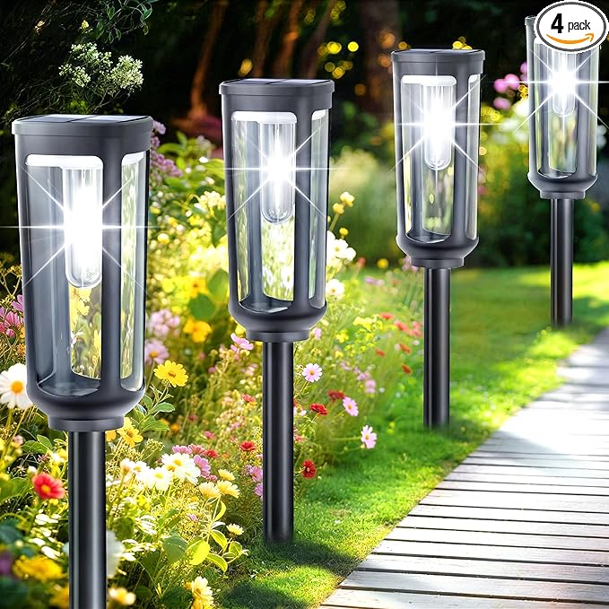 Solar Pathway Lights Outdoor,4 Pack Cool Garden Lights Solar Powered Waterproof IP65,Auto On/Off Outdoor Light for Lawn Patio Walkway Driveway Decor Landscape Lighting