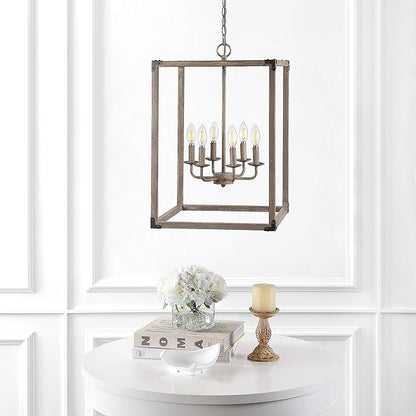 JONATHAN Y 16" Brown Rustic Farmhouse 6-Light LED Pendant, Adjustable Iron Lantern Chandelier for Kitchen Island, Barnwood Wood Grain Finish (JYL7476A)