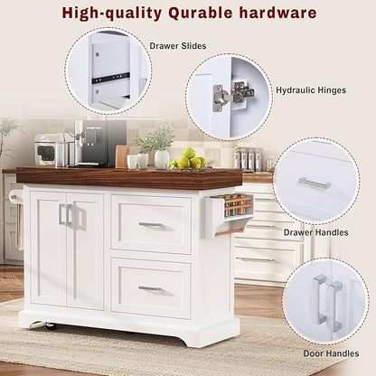 53.25" Large Kitchen Island with Storage on Wheels and 2 Extra-large Drawers, Rolling kitchen Island with Spice Rack and Towel Rack, Mobile Dining Table with 3.5" Thick Desktop and Cabinet White