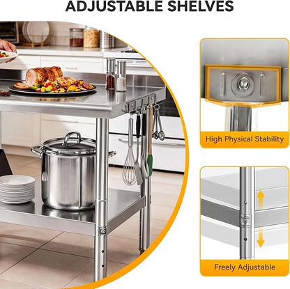 DWVO 60x24in Stainless Steel Table, NSF Metal Prep Worktable with Backsplash for Kitchen Restaurant Hotel Garage Warehouse Home