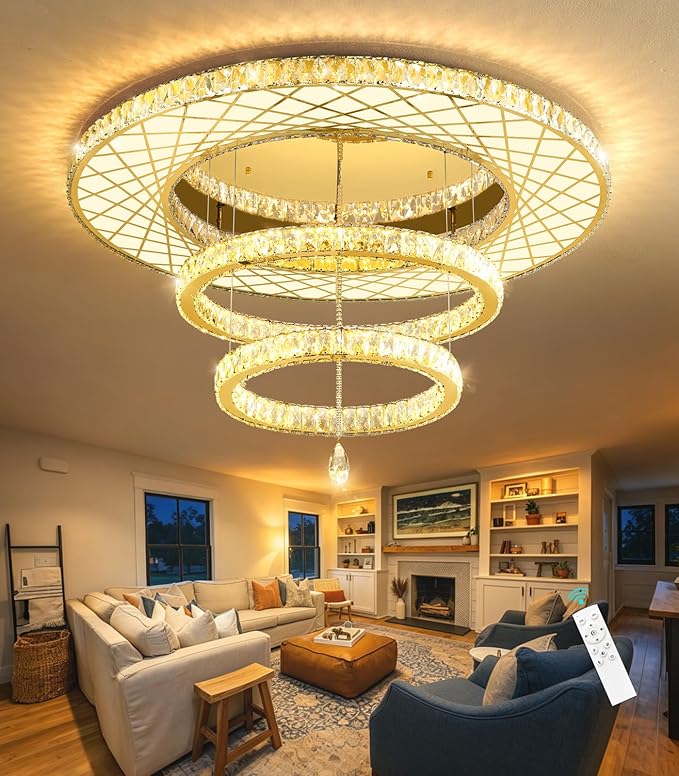 HAIXIANG 40 Inch LED Chandelier, Ceiling Light for Living Room Flush Mount Lighting Fixtures Remote Dimmable, Compatible with Sloped Dome Ceiling Install, Gold