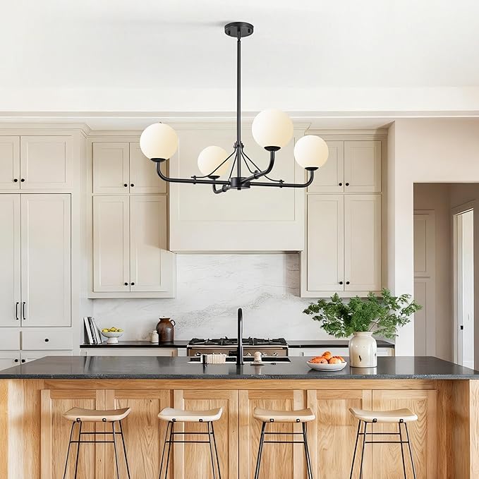 Klgxnrd 4 Lights Black Chandelier, Mid Century Modern Chandeliers for Dining Room, Hanging Sputnik Light Fixture for Living Room Kitchen Island Foyer Bedroom, Milk White Globe Glass Shade