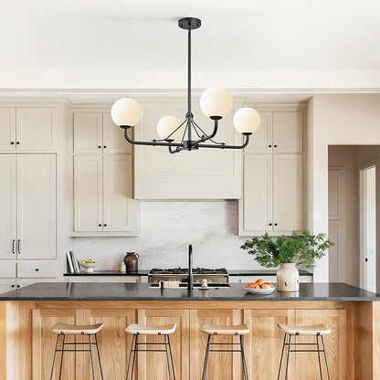 Klgxnrd 4 Lights Black Chandelier, Mid Century Modern Chandeliers for Dining Room, Hanging Sputnik Light Fixture for Living Room Kitchen Island Foyer Bedroom, Milk White Globe Glass Shade