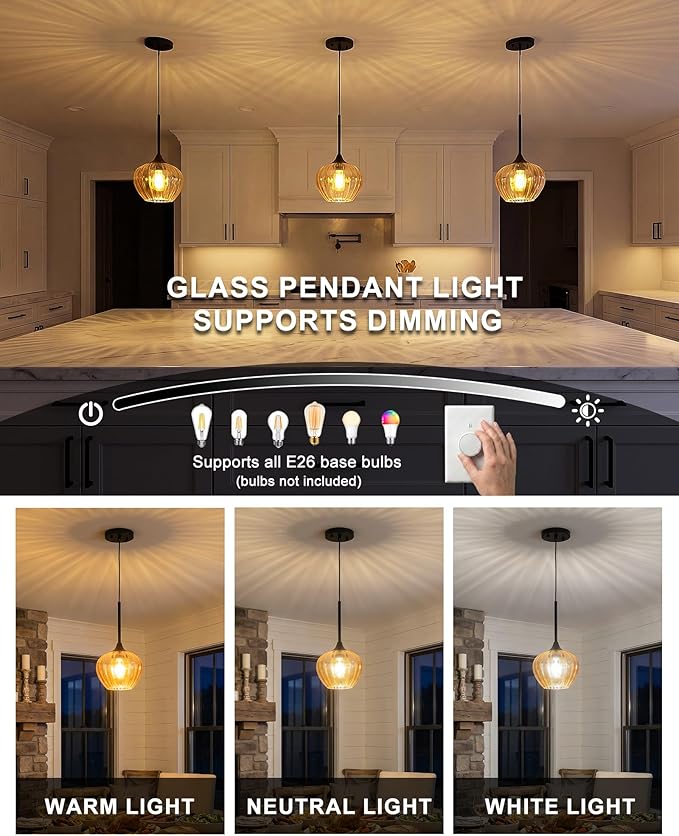 Glass Pendant Lights Kitchen Island, 7" Vintage Amber Pendant Lighting Samll Hanging Light Fixtures for Kitchen, Dining Room, Sink, Bathroom