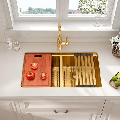 LQS Gold Kitchen Sink 30 Inch, 30” x 18” Stainless Steel Undermount Kitchen Sink, 50/50 Double Bowl with Sapele Cutting Board, Sink Grids, Sink Strainers and Fordable Roll-Up Drying Rack