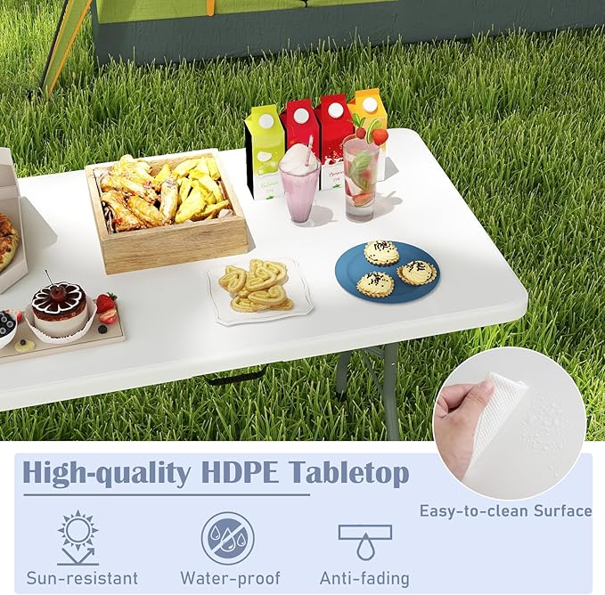 Tangkula 8 FT Folding Table, Indoor Outdoor Foldable Plastic Table with HDPE Tabletop, Sturdy Metal Fame, Carrying Handle, Heavy Duty Portable Fold-in-Half Picnic Table for Camping BBQ Party