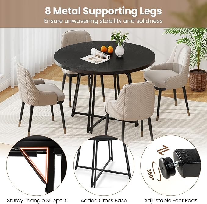 Giantex 47-inches Round Dining Table for 4-6 People, Kitchen Table with Metal Supporting Legs & Cross Base, Circle Dinner Tables for Dinette, Restaurant, Living Room, Dining Room (Black)