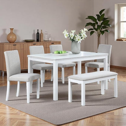 Dining Table Set for 6, 6 Piece Wooden Dining Table Set, Kitchen Furniture with Rectangular Crystal Decoration Dining Table, 4 Upholstered Chairs & Bench, Space-Efficient for Apartment, White