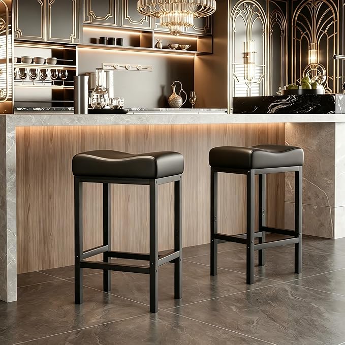 Monhey 24 Inch Bar Stools Set of 2 - Counter Height Bar Stools with Soft Leather Seat, 300LB Heavy Duty Backless Padded Barstool Chair Easy Assembly for Modern Kitchen Island Counter (Black)